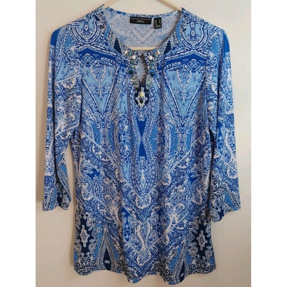Susan Graver Liquid Knit Top Womens XS Blue White Floral Paisley Artsy Dainty